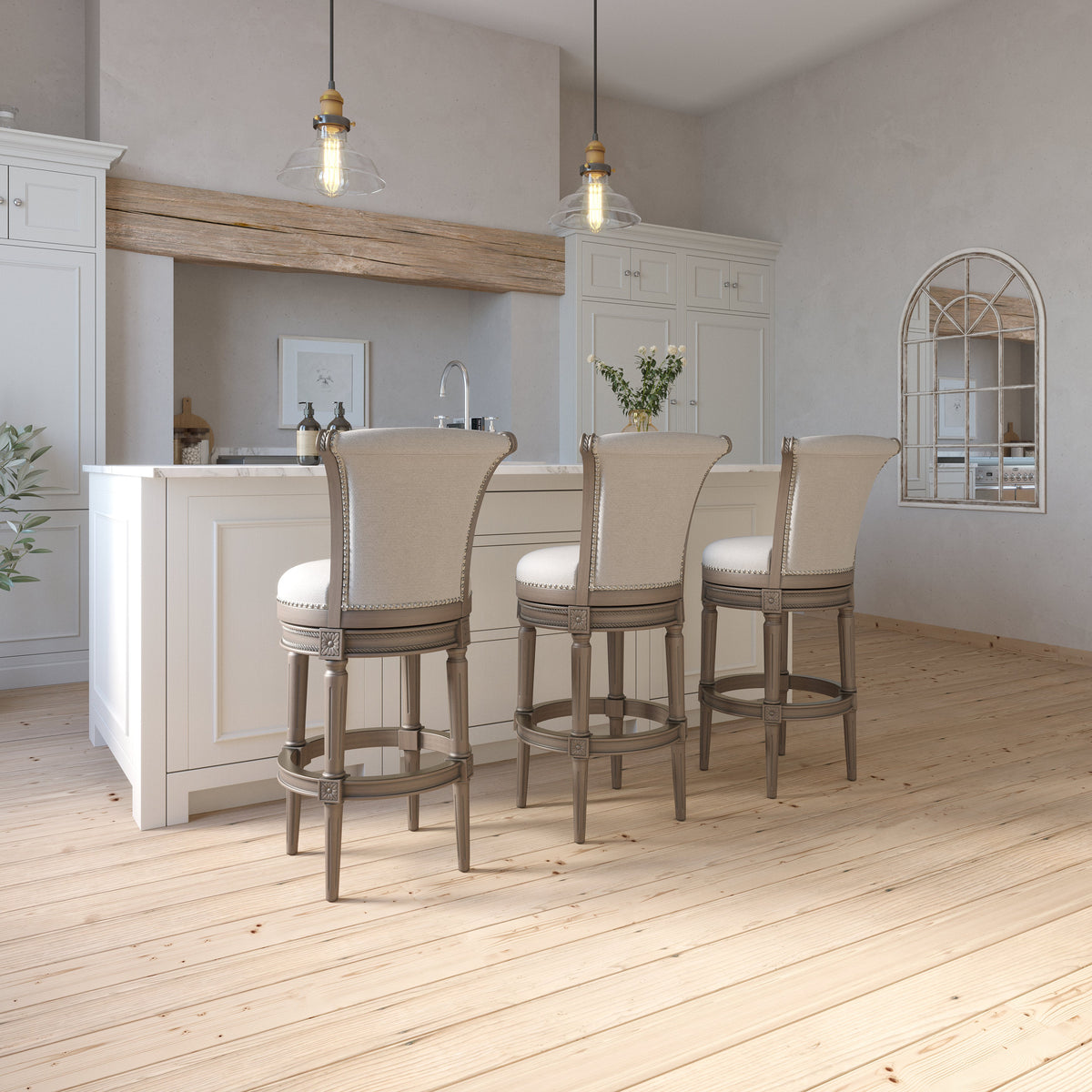 Charlotte swivel barstool in weathered grey with backrest, made by Carolina Barstool, featuring a rustic furniture design.