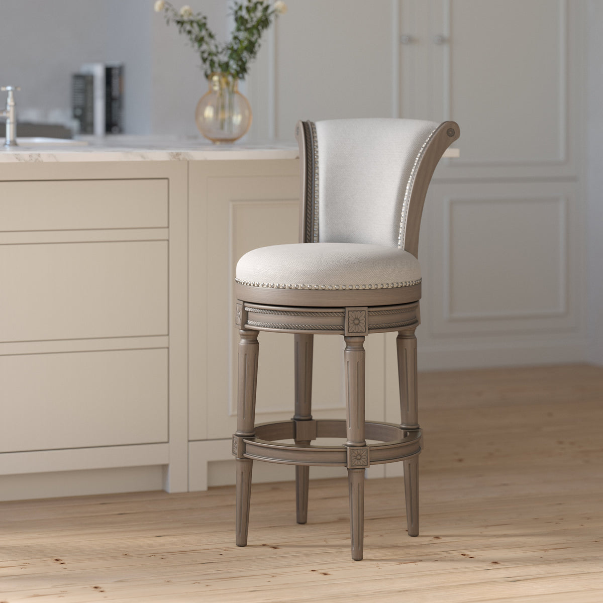 Charlotte swivel barstool in weathered grey with a backrest, made by Carolina Barstool, featuring a sturdy wooden frame.