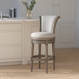 Charlotte swivel barstool in weathered grey with a backrest, made by Carolina Barstool, featuring a sturdy wooden frame.