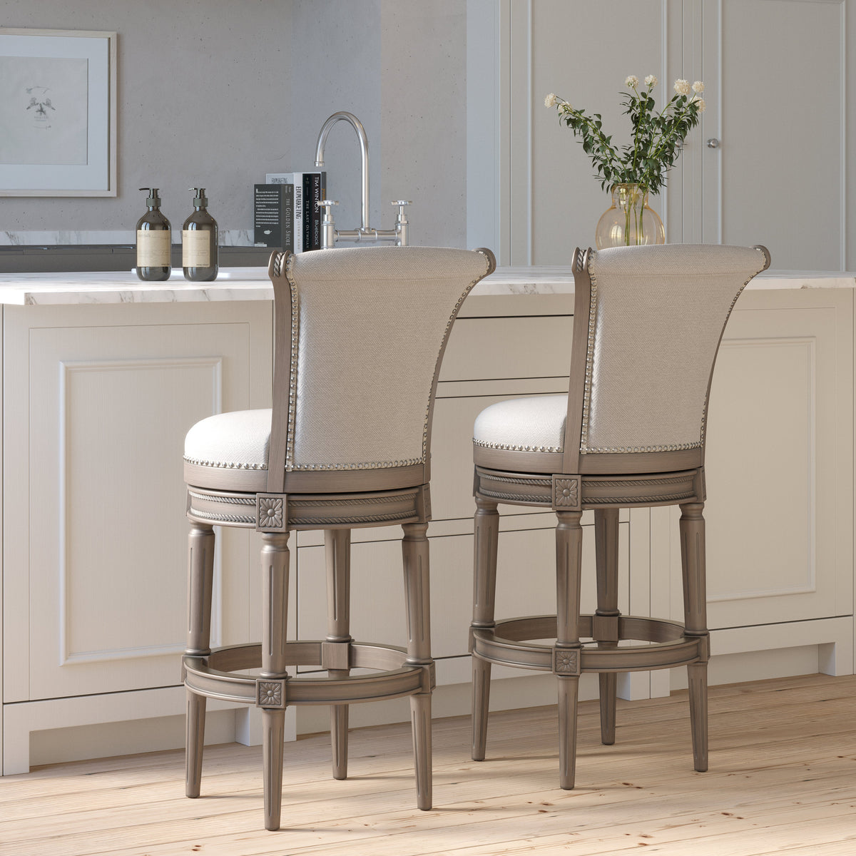 Carolina Barstool Charlotte swivel barstool in weathered grey with backrest, wooden seat, and metal frame for stylish home bar seating.