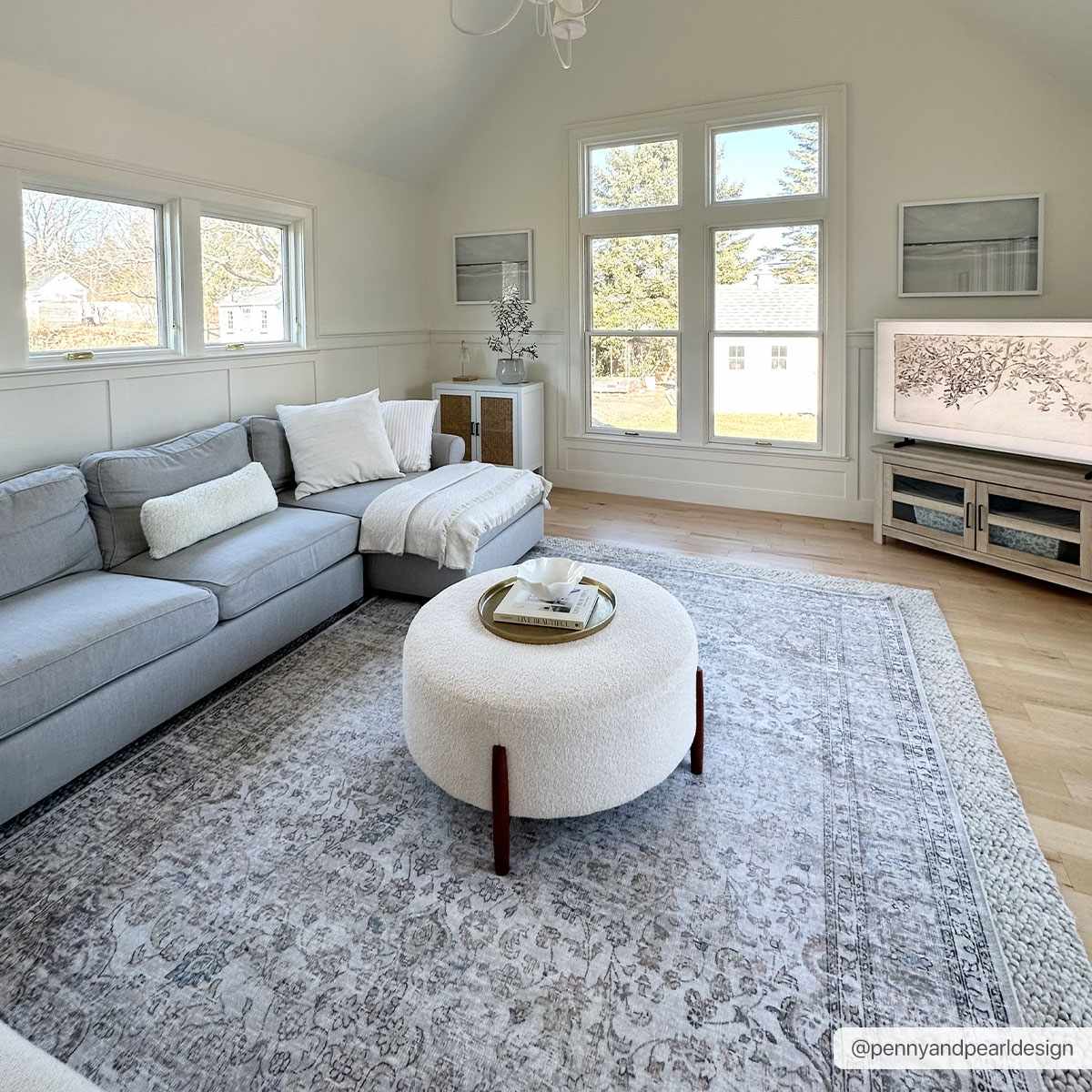 Cream washable area rug by Hauteloom with a penny and pearl design, showcasing a soft cream color and intricate pattern.