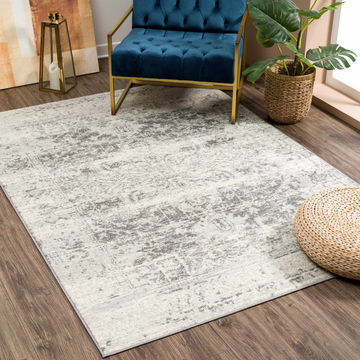 Hauteloom Rachel area rug with intricate patterns in neutral tones, showcasing its soft woven texture and contemporary design.