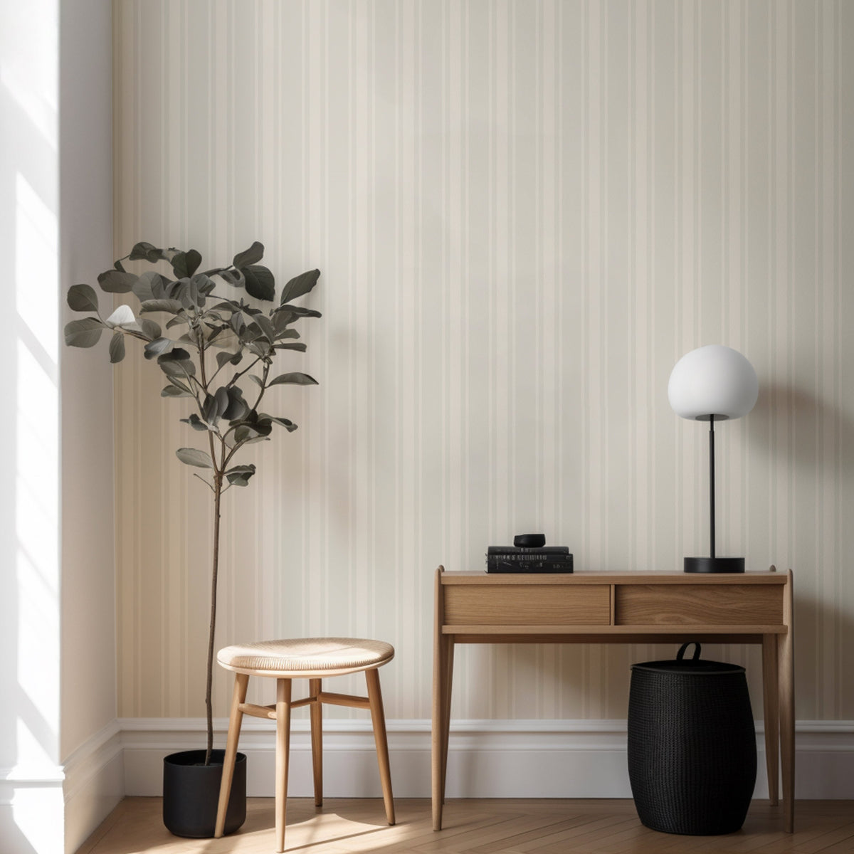 North and Finch Ezra Stripe wallpaper shown in a stylish living room with bold striped pattern on the wall.
