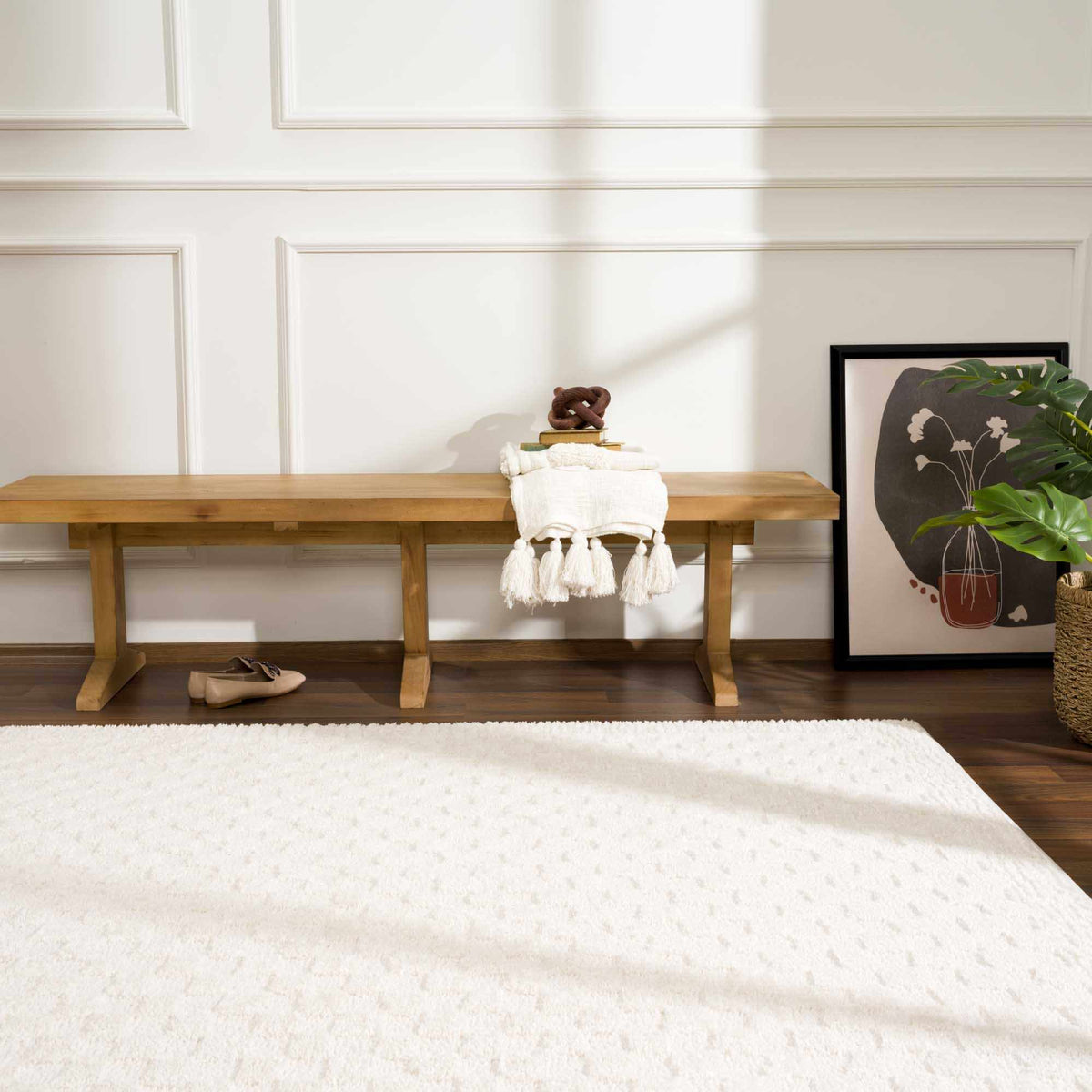Leryn Ivory Checkered Area Rug by Boutique Rugs, room scene showing soft beige and white checkered pattern on plush rug.
