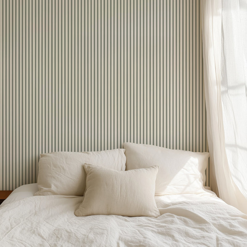 North and Finch Finn Stripe Sage wallpaper featuring a green and white striped pattern on textured surface.