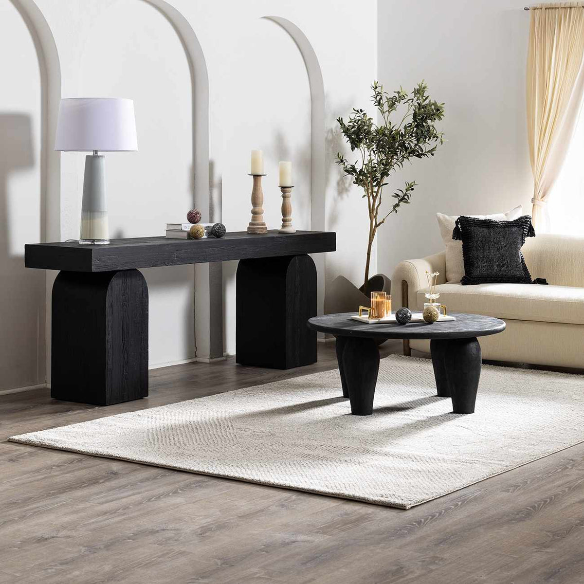 Horsley area rug by Boutique Rugs, featuring a stylish geometric pattern in neutral tones, displayed in a cozy living room setting.