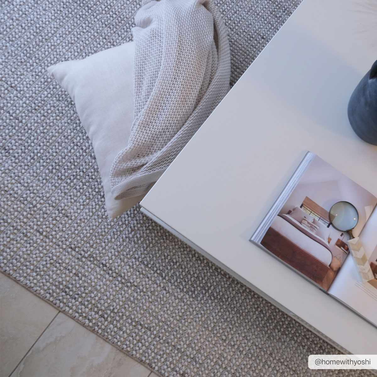 Cream Gowan area rug by Boutique Rugs, showing a plush, textured rug with subtle pattern in a cozy home setting.