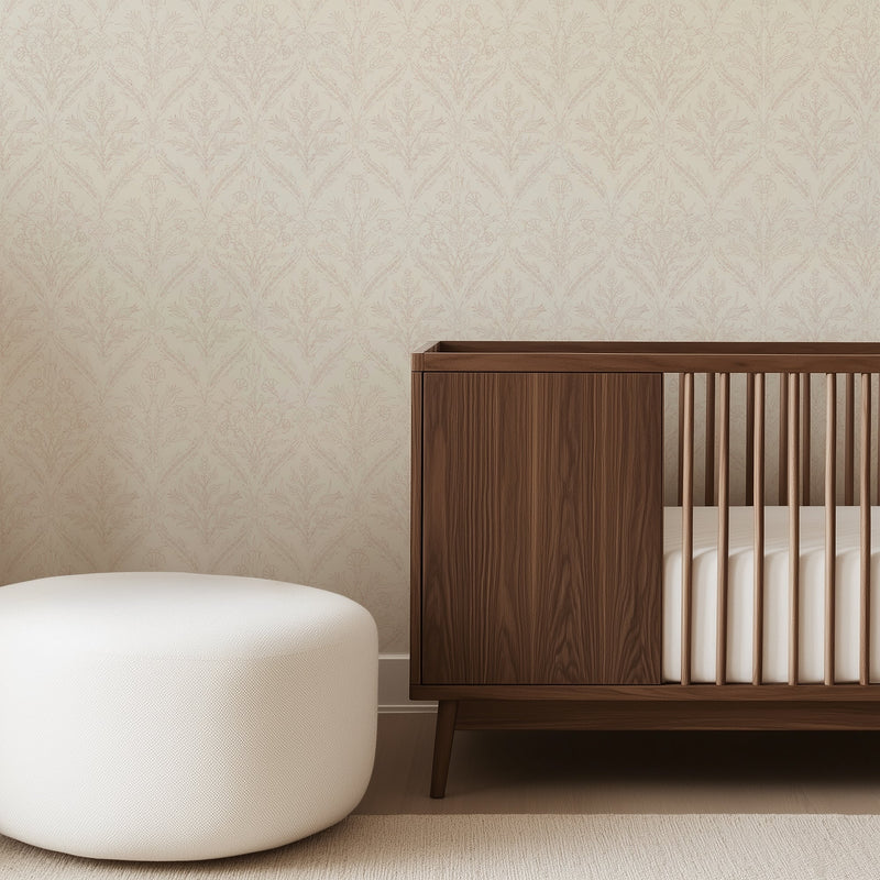 North and Finch Gretta blush wallpaper featuring a stylish, textured floral design suitable for elegant interior decor.