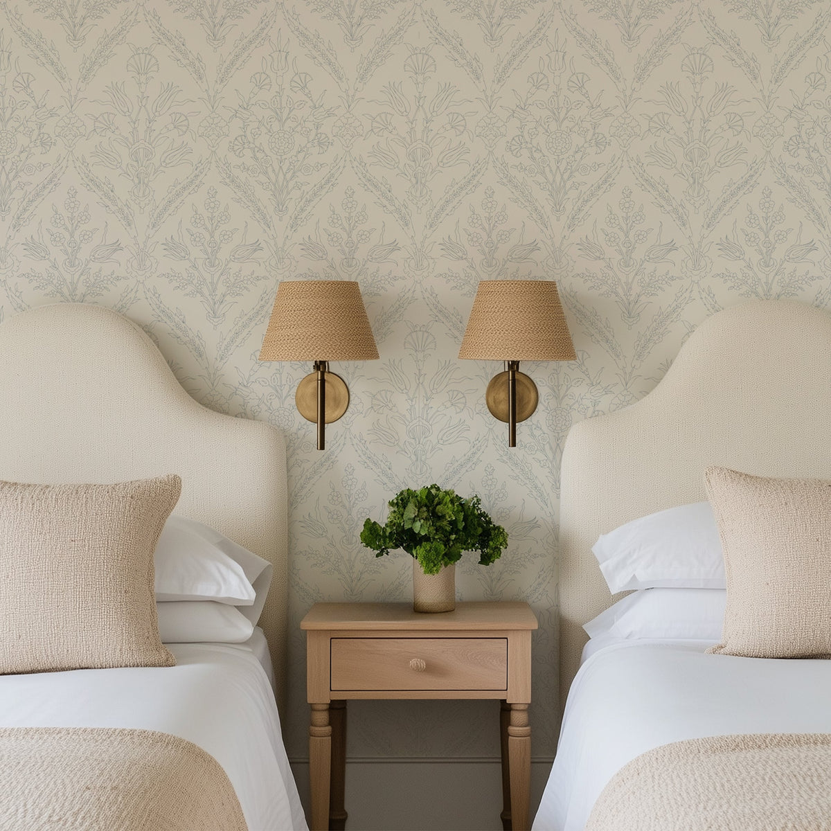 North and Finch Gretta French Blue wallpaper featuring elegant floral pattern on a vibrant blue background.