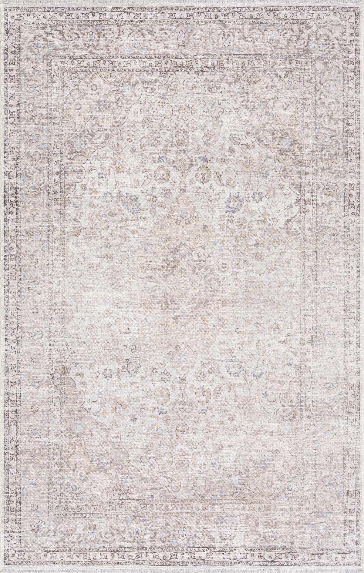 Hauteloom Cream Holi-2301 washable area rug with a colorful abstract design, soft texture, perfect for living rooms or bedrooms.