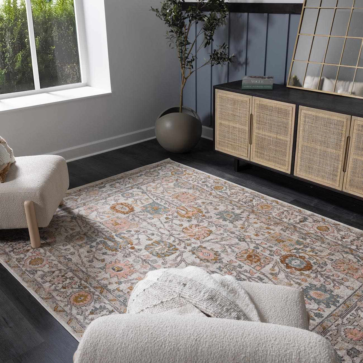 Herstmonceux Area Rug by Boutique Rugs shown in a room setting with neutral tones and textured design on hardwood flooring.