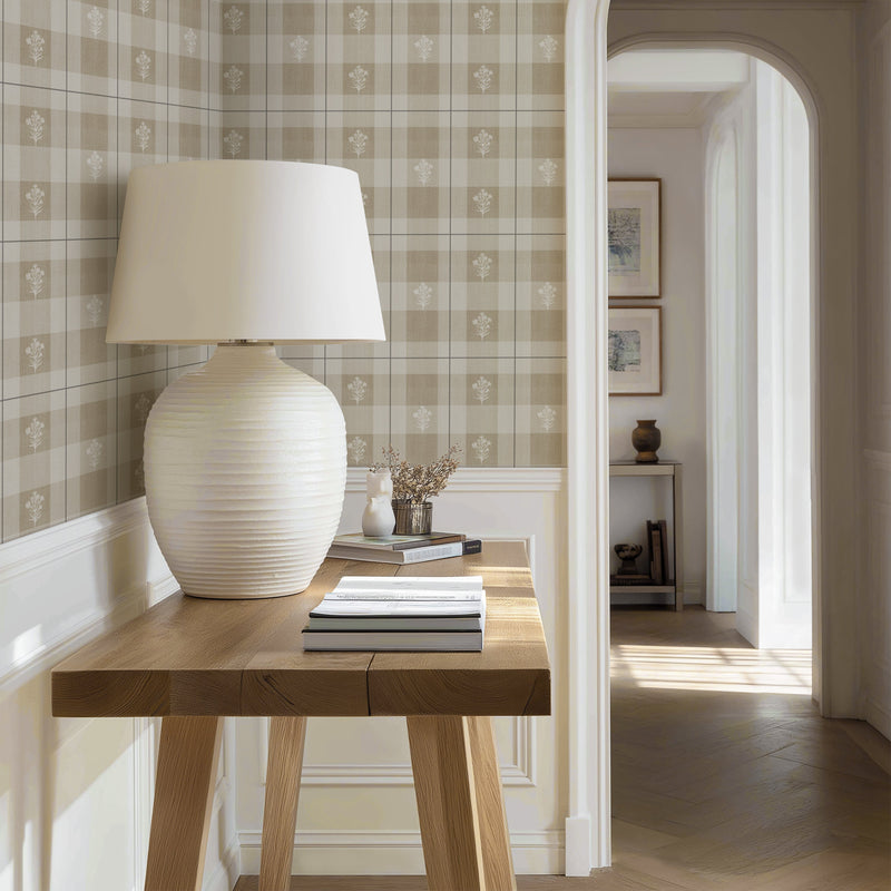 North and Finch Hawthorne Plaid wallpaper featuring a classic plaid pattern in neutral tones, suitable for stylish interior decor.