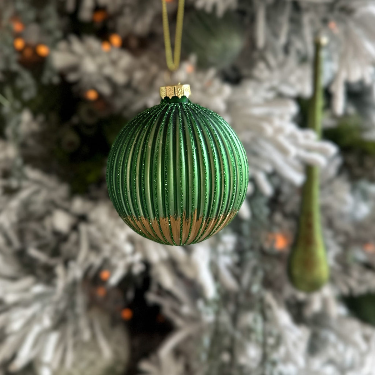 Green glitter ribbed glass Christmas ornament with gold bottom, 3.5 inches, festive holiday decor by Shop Holly J Home