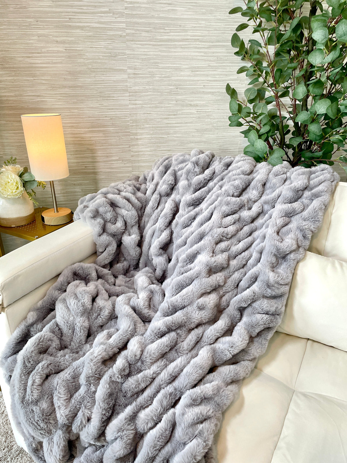 Gray faux fur blanket by Cloud9, medium size 50x60 inches, showing soft, plush texture and cozy appearance.