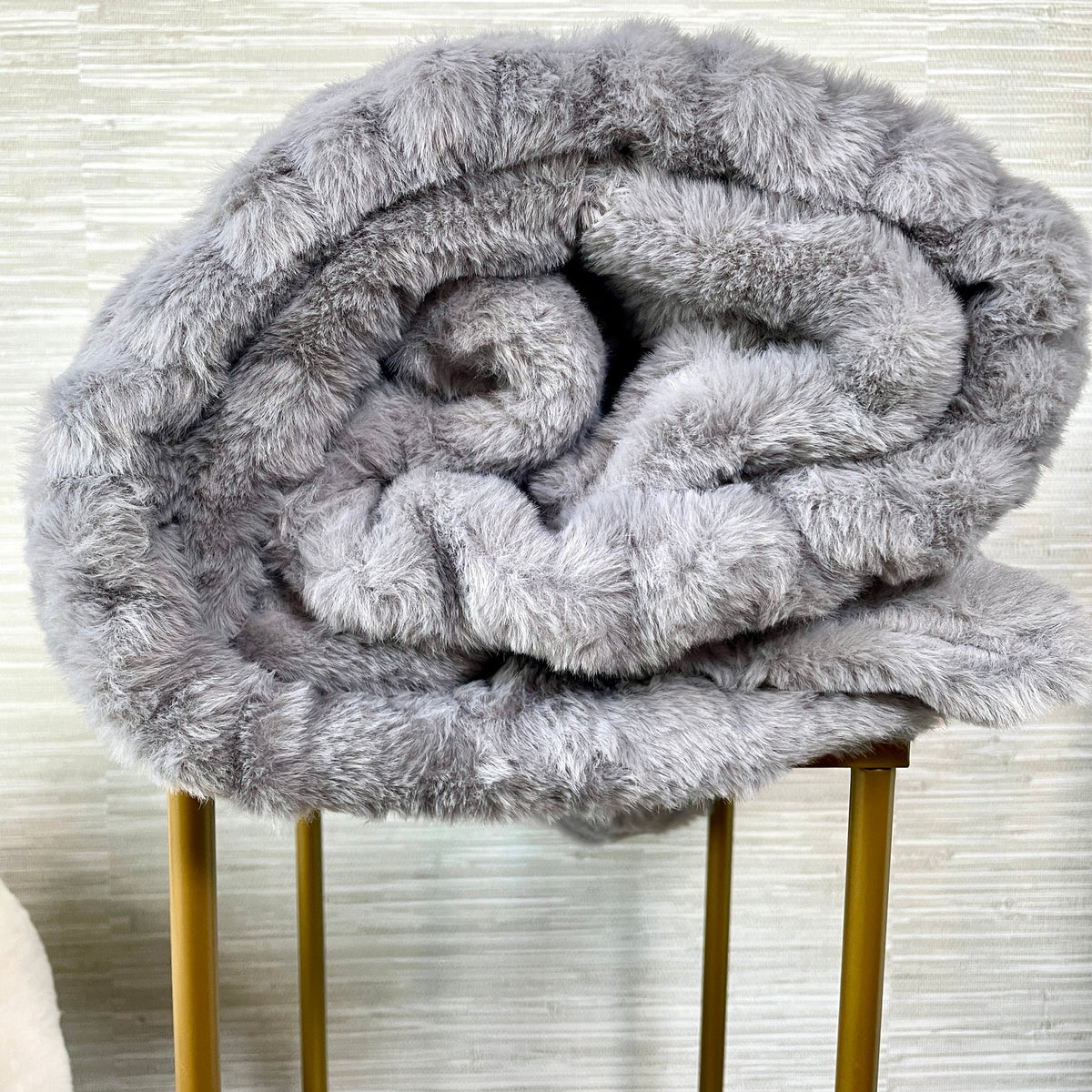 Gray faux fur blanket from Cloud9, 30x40 inch lap size, soft and plush with a luxurious texture.