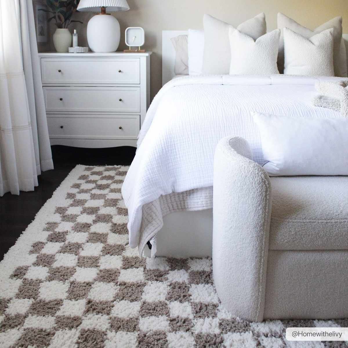 Light gray and taupe checkered shag rug by Boutique Rugs, featuring a soft, plush texture and modern design for cozy home decor.