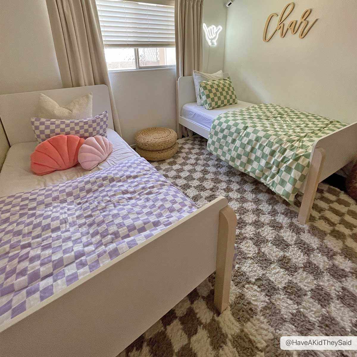 Light gray and taupe checkered shag rug from Boutique Rugs, 8x10 area rug with soft, plush texture and modern pattern.