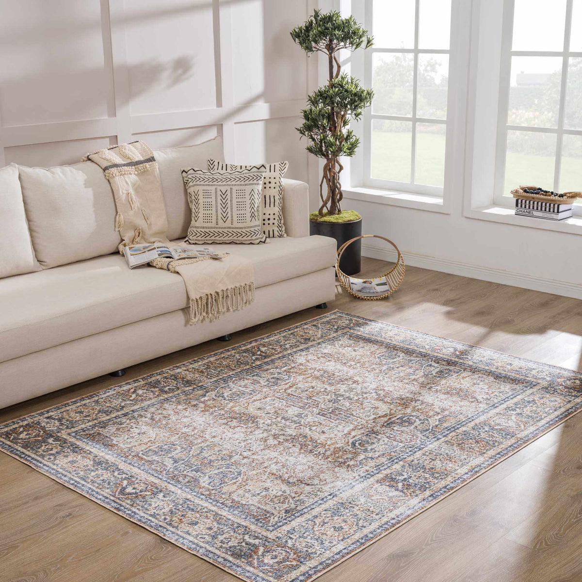 Blue Boutique Rugs washable rug displayed in a living room scene, showcasing a stylish and soft area rug for home decor.