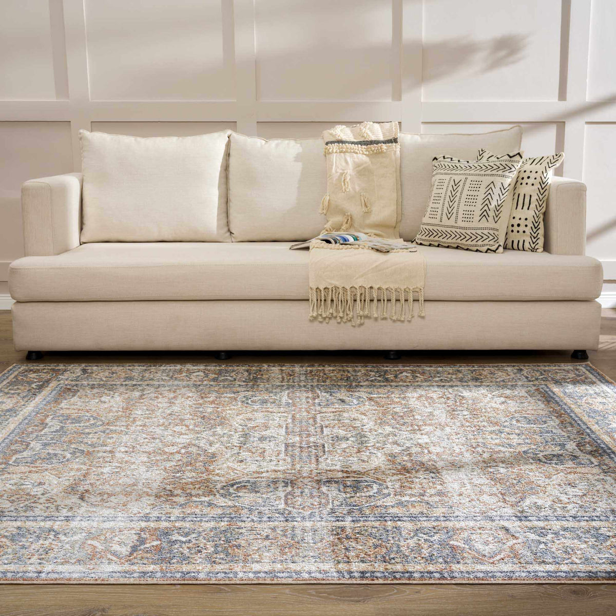 Blue Boutique Rugs washable rug in a cozy living room scene, showcasing soft texture and stylish design from Boutique Rugs.