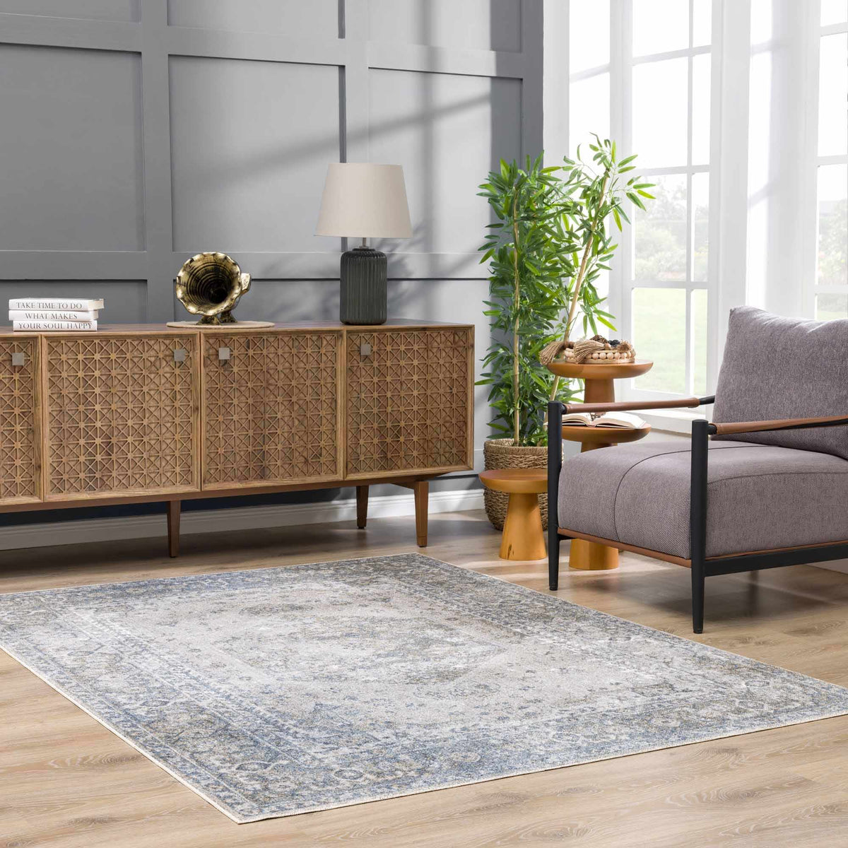 Blue Boutique Rugs washable rug displayed in a cozy room setting, highlighting soft texture and stylish design.