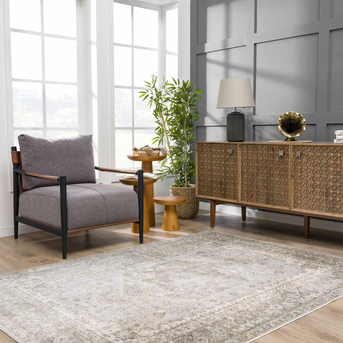 Boutique Rugs Gael Boutique washable rug in a cozy living room scene with neutral tones and soft textures.