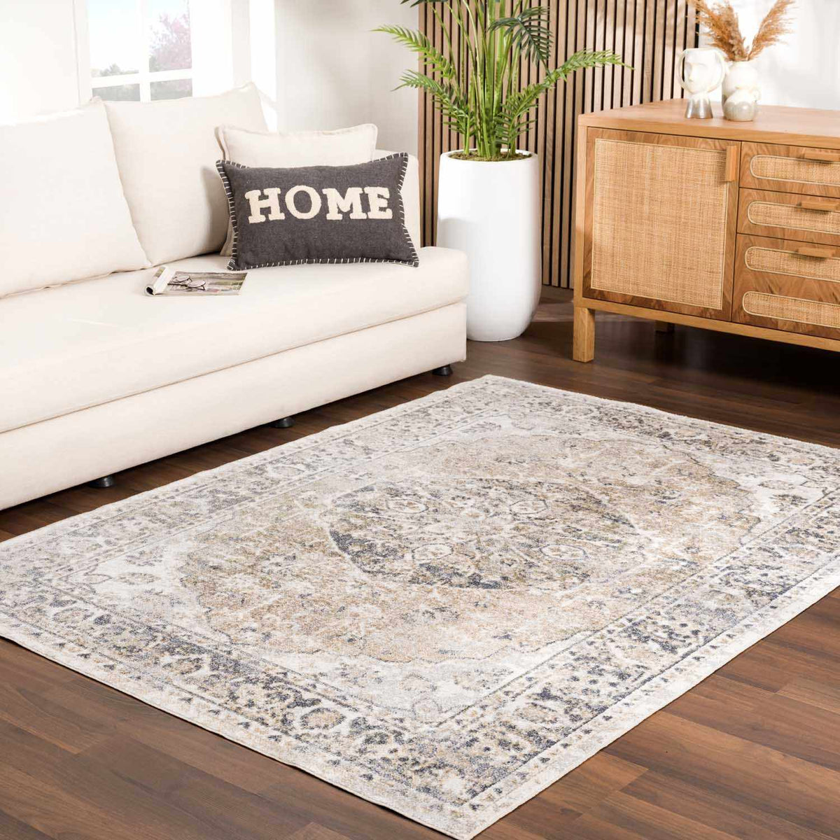 Beige flat pile washable rug from Boutique Rugs in a cozy living room setting, showcasing soft, durable home decor.