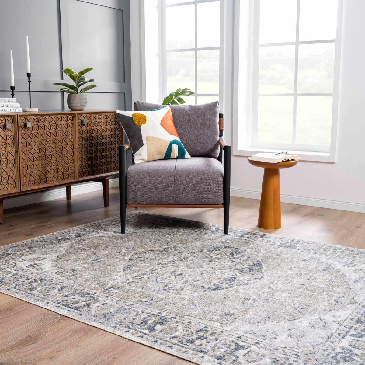 Rudoblu Boutique washable rug in a cozy living room setting with a textured pattern and neutral tones from Boutique Rugs.