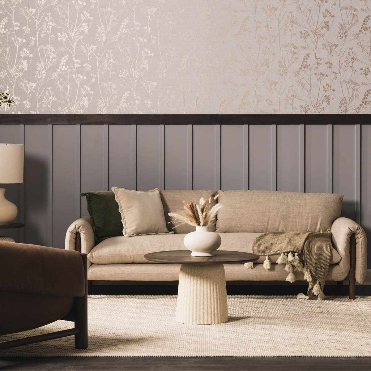 Beige trellis wool rug by Boutique Rugs, styled in a cozy living room setting, showcasing soft texture and elegant pattern.