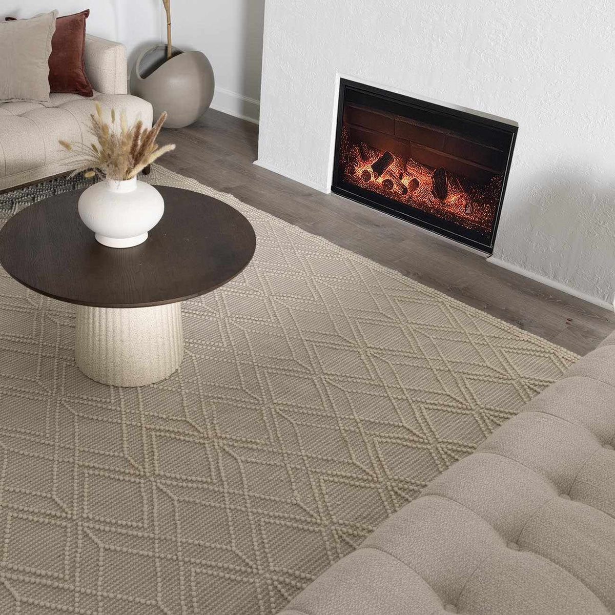 Ramsbury Beige Trellis Wool Rug in a cozy living room, showcasing a stylish beige and trellis pattern by Boutique Rugs.