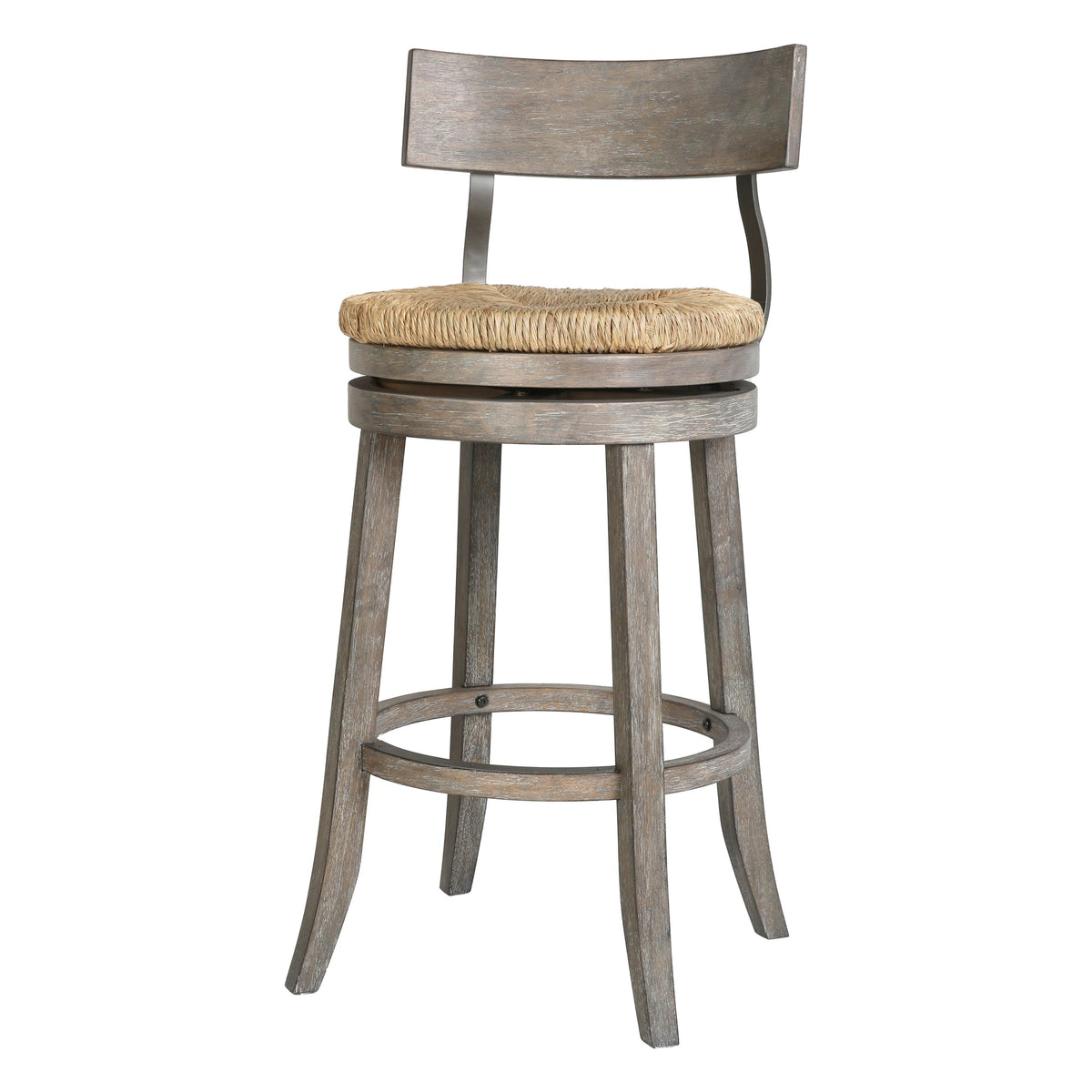 Gray Eden stool with seagrass seat by Carolina Barstool, showcasing its stylish furniture design and natural woven seat.