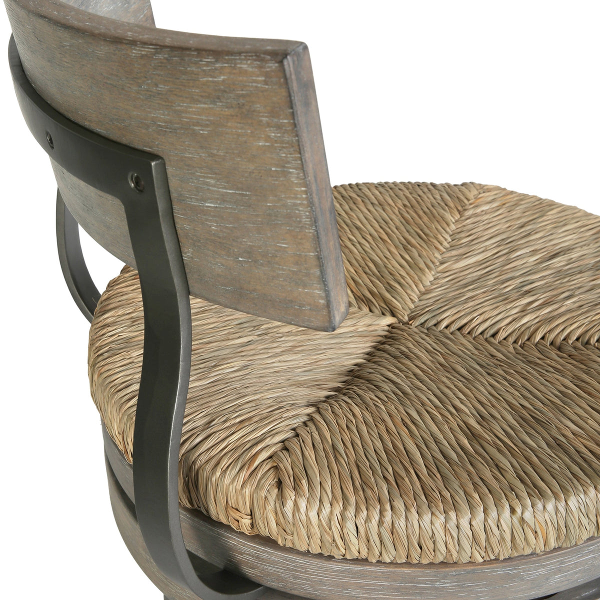 Carolina Barstool Eden stool with gray seagrass woven seat and wooden legs, close-up detail of natural textured furniture piece