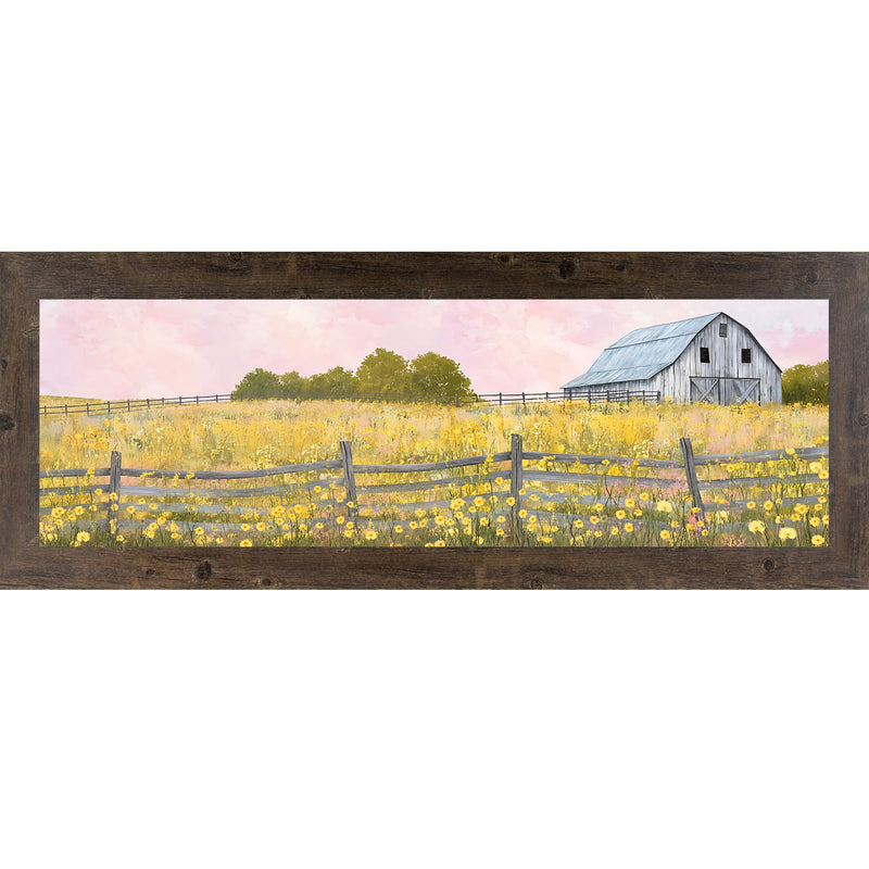 Yellow Wildflower Barn Wide Landscape Wall Art – Farmhouse Summer Scenic Panoramic Decor (SB950)