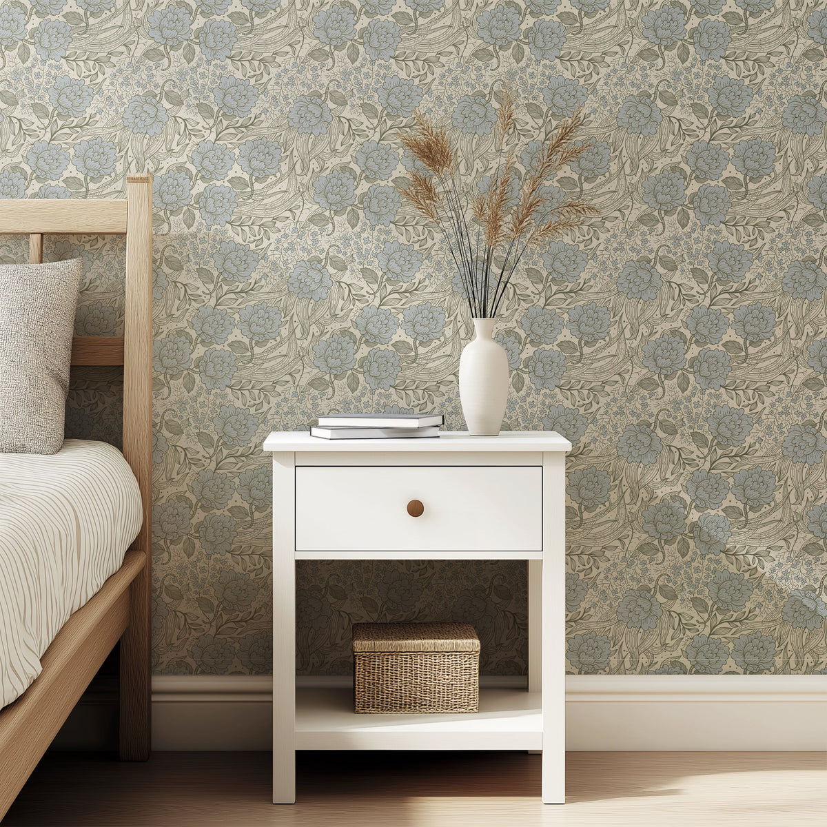 Peony in Pigeon wallpaper by North and Finch featuring soft pink peony flowers on a light background.