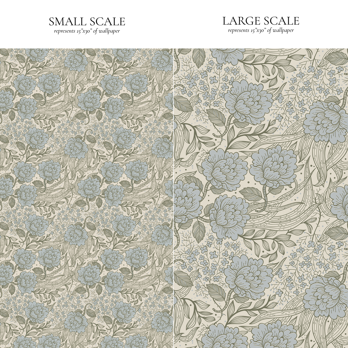 Peony floral wallpaper in pigeon gray color by North and Finch featuring large blooming peonies and subtle botanical details.