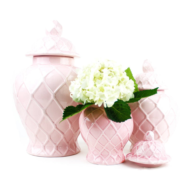 Pink textured ginger jar from Shop Holly J Home, shown in three sizes, with intricate surface details and a glossy finish.