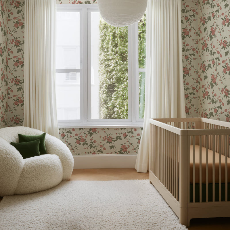 Elegant Rosalie wallpaper by North and Finch featuring a floral pattern in soft, muted tones for stylish interior decor.
