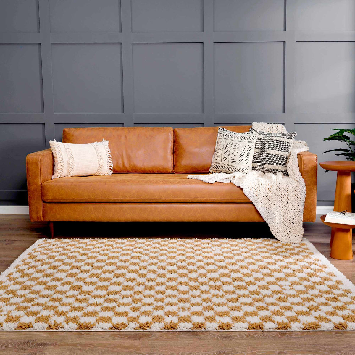 Kieu Mustard and Ivory Checkered Area Rug from Boutique Rugs in a cozy living room setting.
