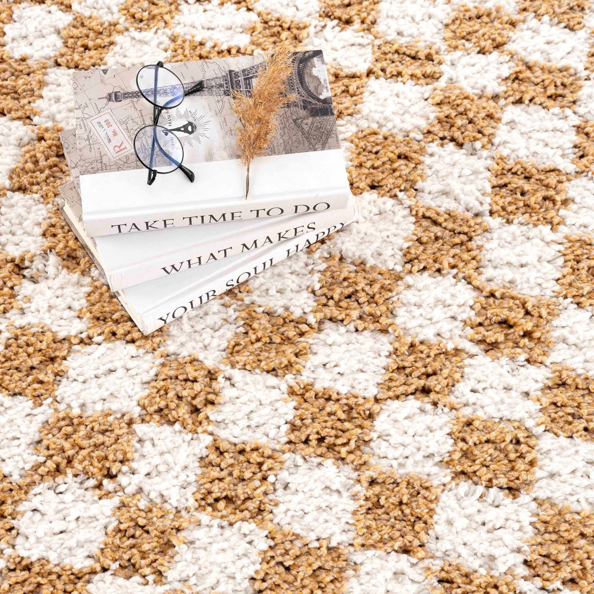 Kieu Mustard and Ivory Checkered Area Rug by Boutique Rugs, featuring a stylish checkered pattern in warm mustard and neutral ivory tones.
