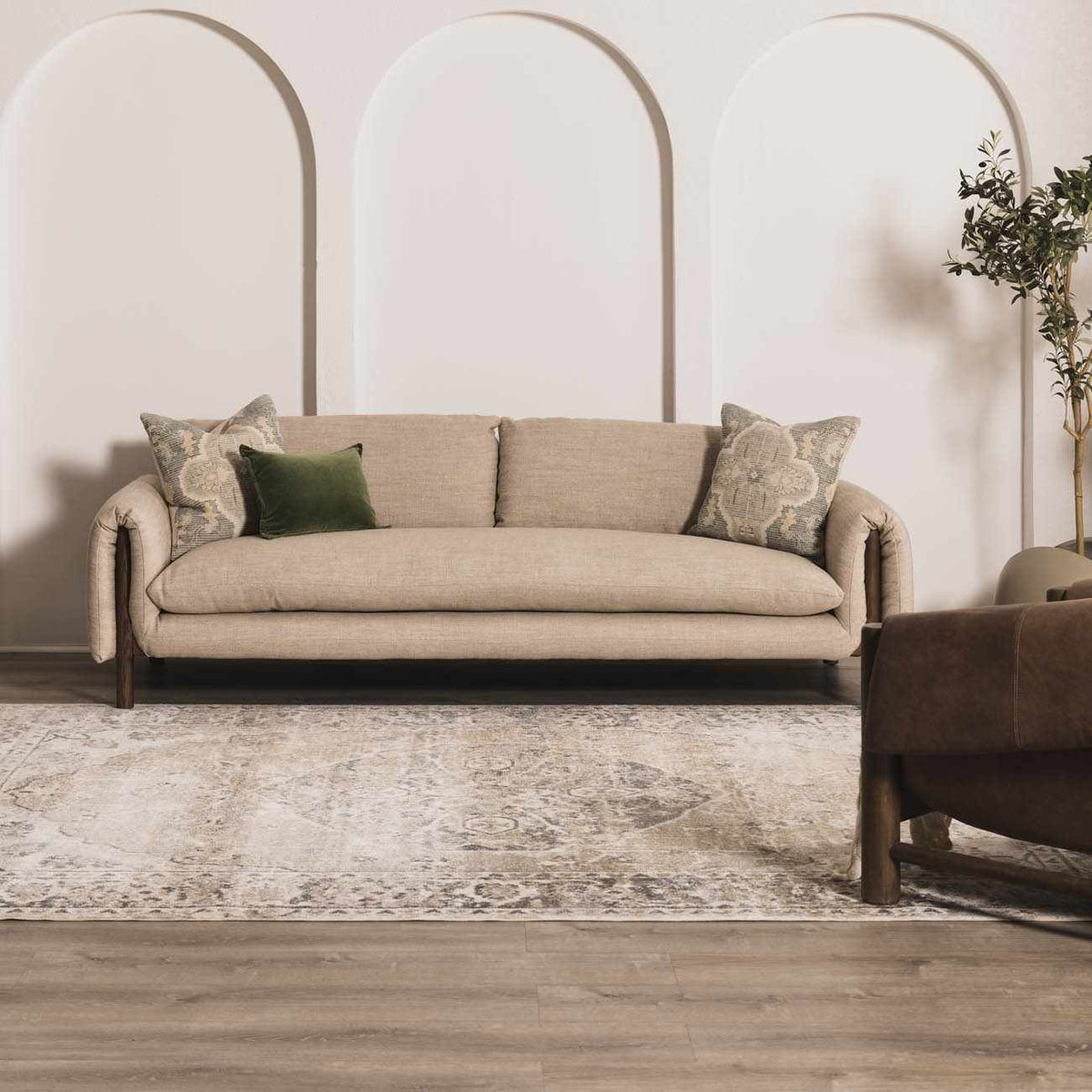 Beige flat pile washable rug from Boutique Rugs in a modern room setting with soft textures and neutral decor.