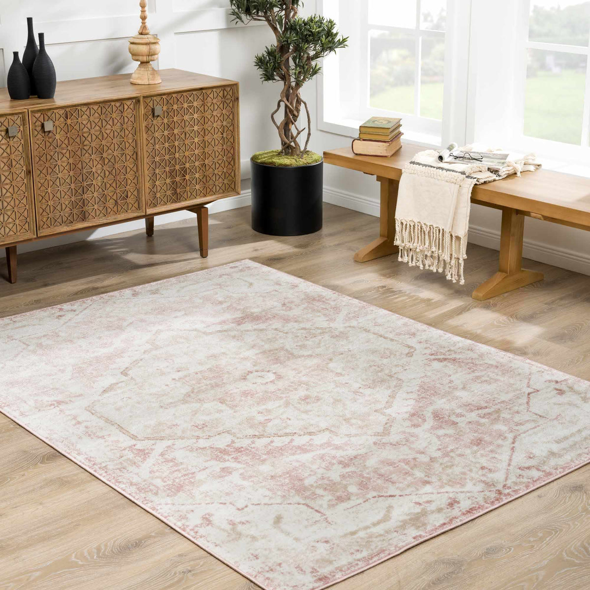 Luxury Leonora area rug from Boutique Rugs displayed in a cozy living room with neutral tones and modern decor.