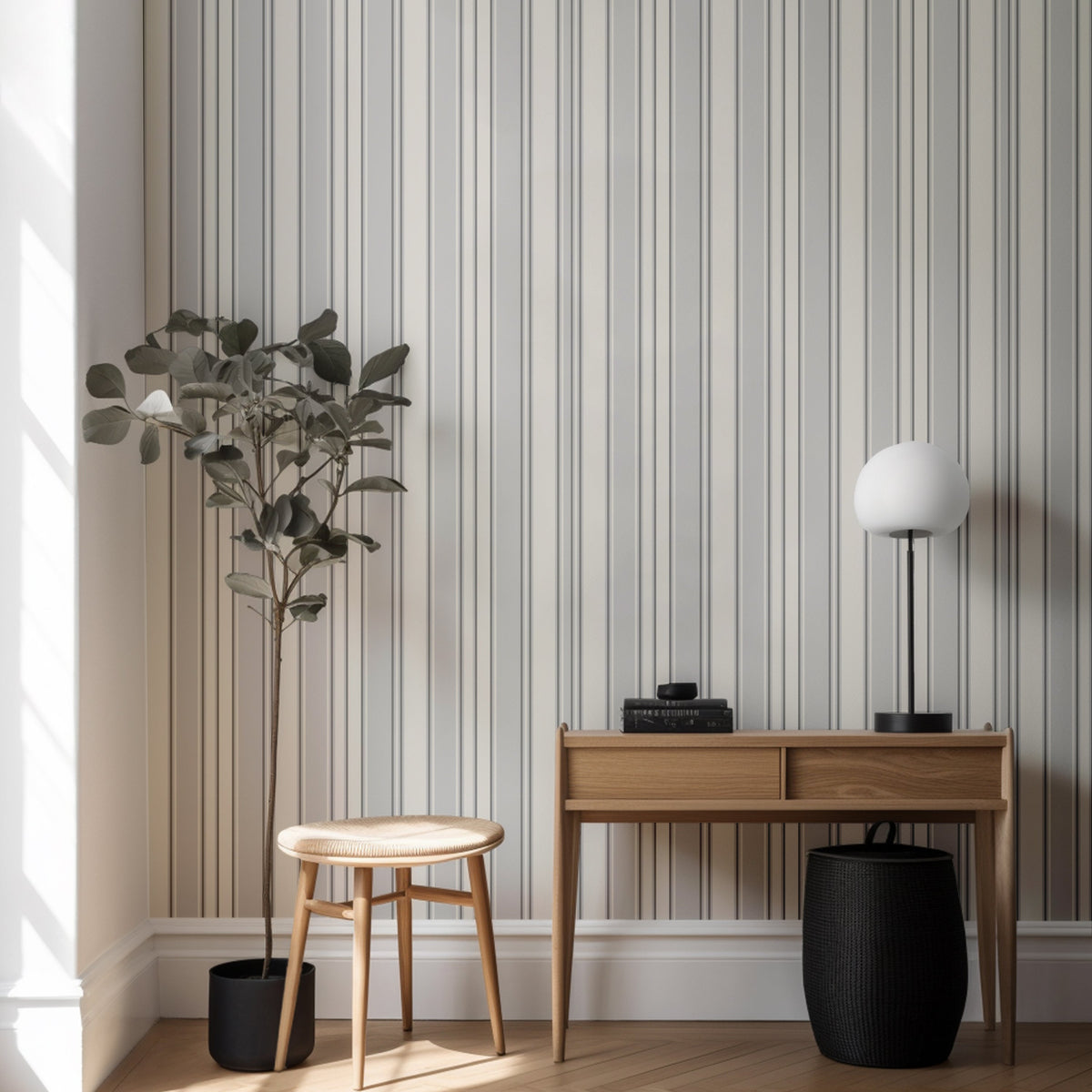 North and Finch Sam Stripe wallpaper in a stylish striped design, shown in a modern living room setting.
