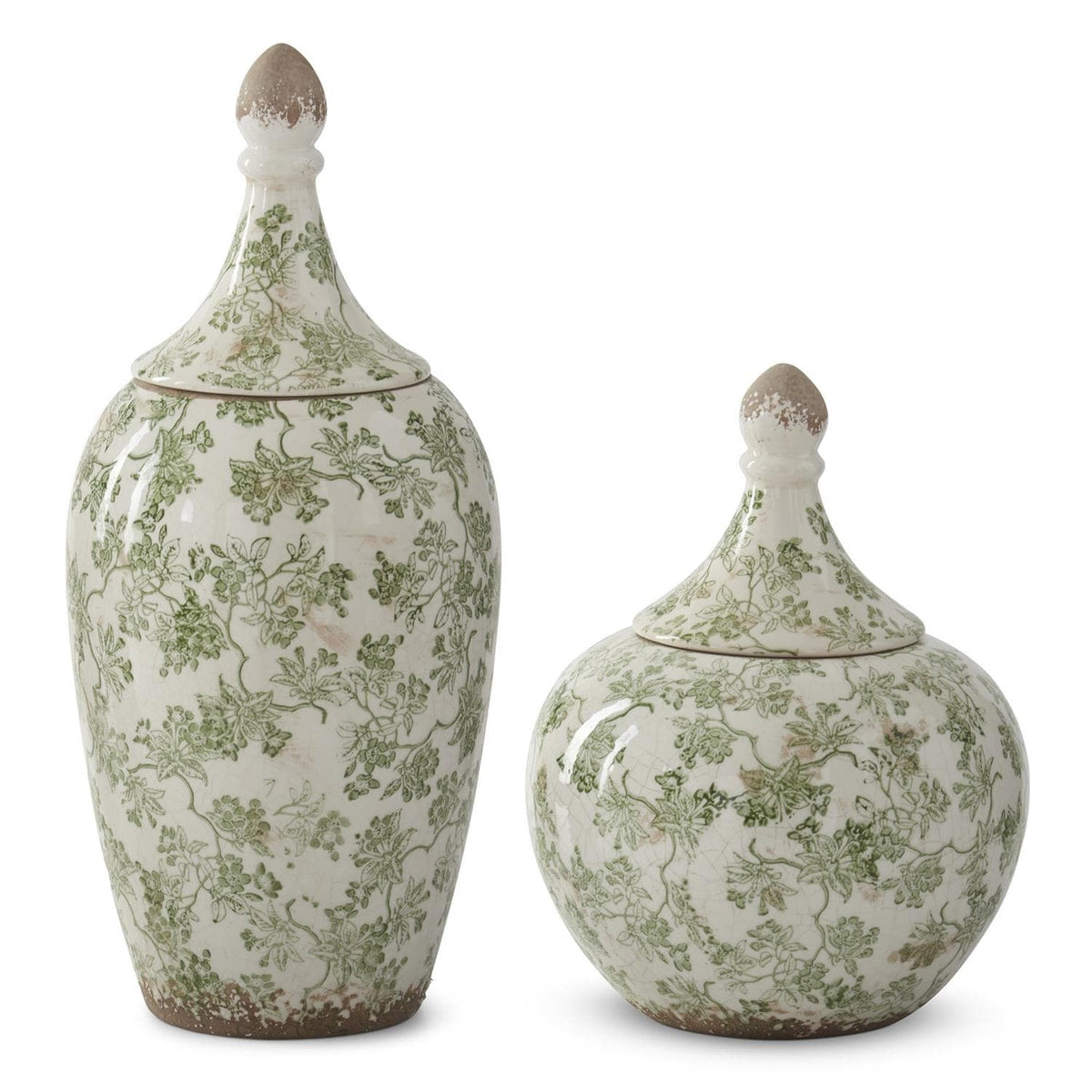 Set of 2 green and cream crackled ceramic Chinoiserie ginger jars with lids, decorative vases for home decor.