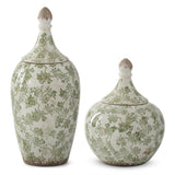 Set of 2 green and cream crackled ceramic Chinoiserie ginger jars with lids, decorative vases for home decor.