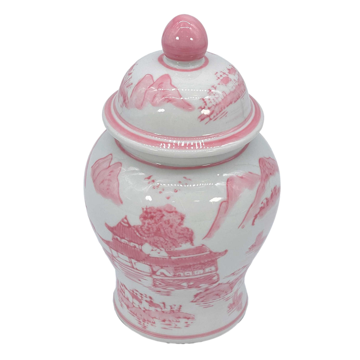 Small pink and white chinoiserie ceramic ginger jar with decorative floral patterns, 8-inch size, ideal for home decor.