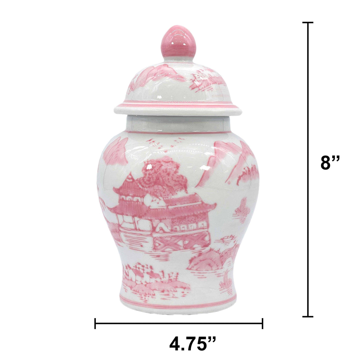 Small pink and white Chinoiserie ceramic ginger jar, 8-inch decorative tea and ginger jar with intricate pattern.