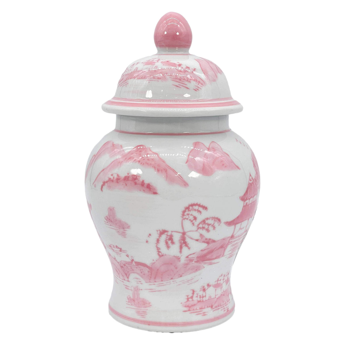 Small pink and white chinoiserie ceramic ginger jar with decorative tea and ginger motif, 8-inch size for elegant home decor.