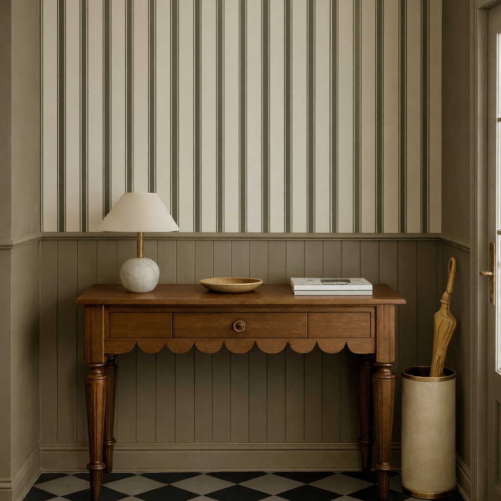 North and Finch Walter Stripe wallpaper featuring bold white and navy blue horizontal stripes on textured surface.