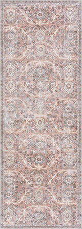 Hauteloom Urpi Rose and Brown washable area rug with floral and geometric patterns, soft texture, and vibrant colors.