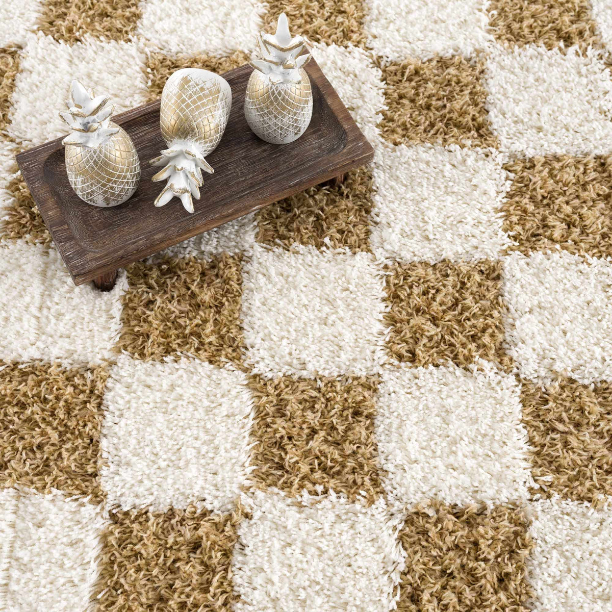 Boutique Rugs Atira Mustard Checkered Area Rug with bold yellow and black checkered pattern, soft texture, and modern design.