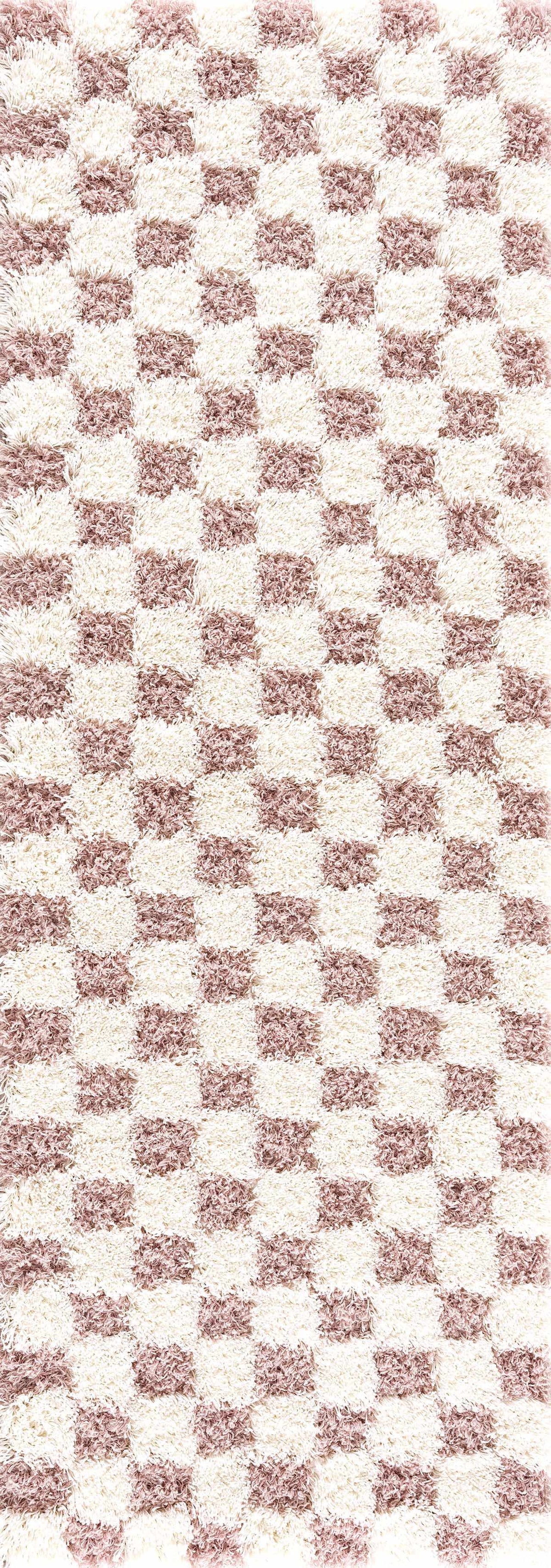 Pink checkered shag rug from Boutique Rugs featuring a soft, plush texture and vibrant pattern suitable for modern living spaces.